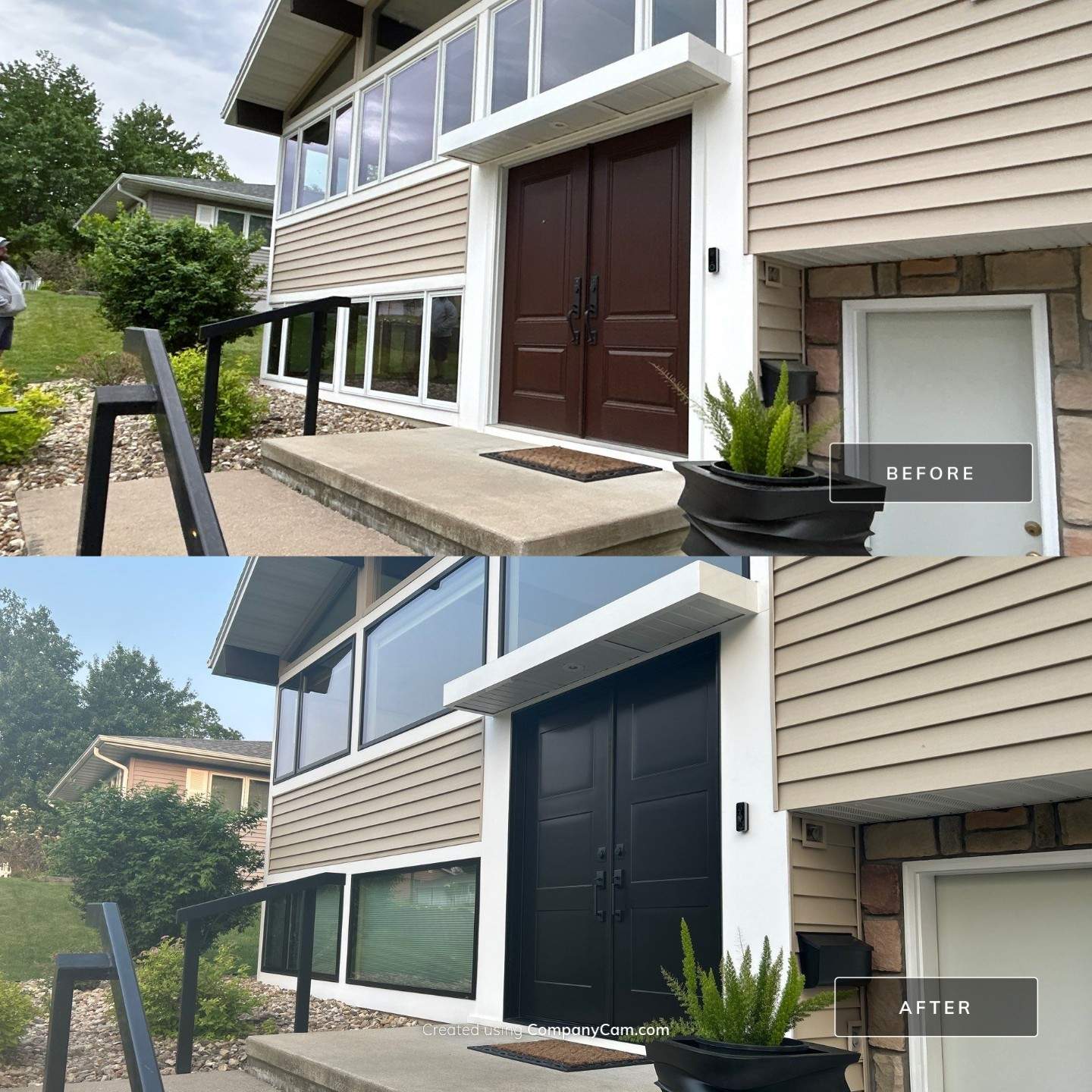 Before and after front entry door and window project in Eastern Iowa